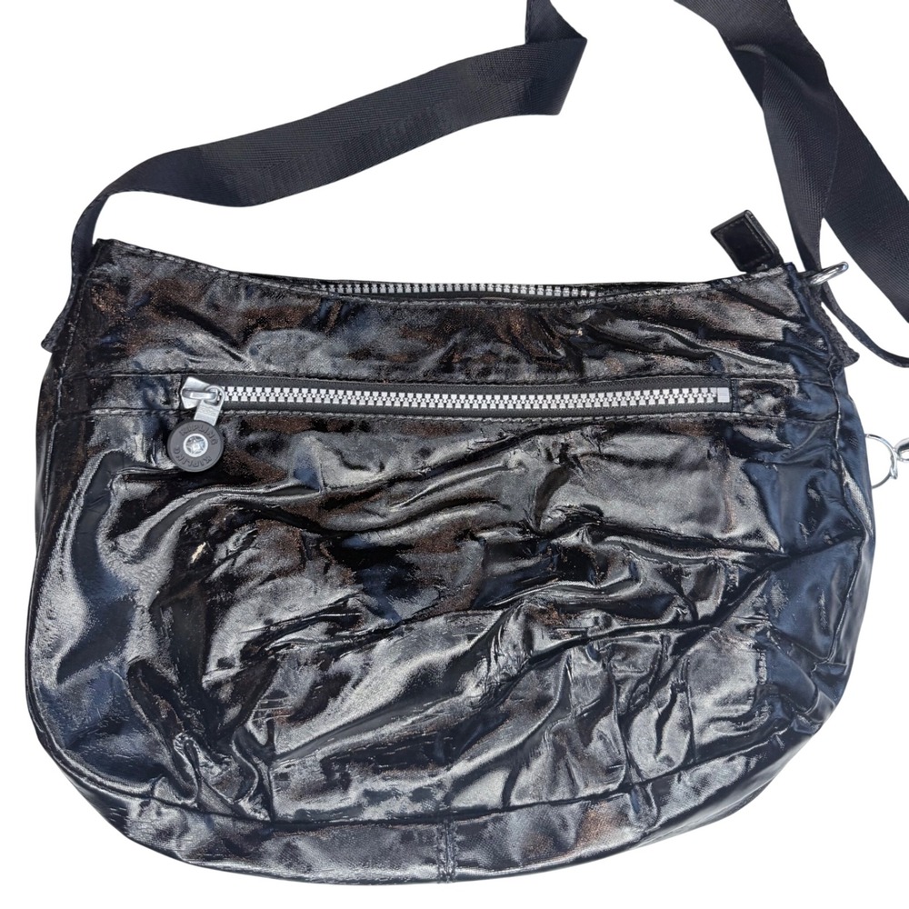 Kipling Black Metallic Glossy Nylon Crossbody Bag with Metal Monkey Keychain